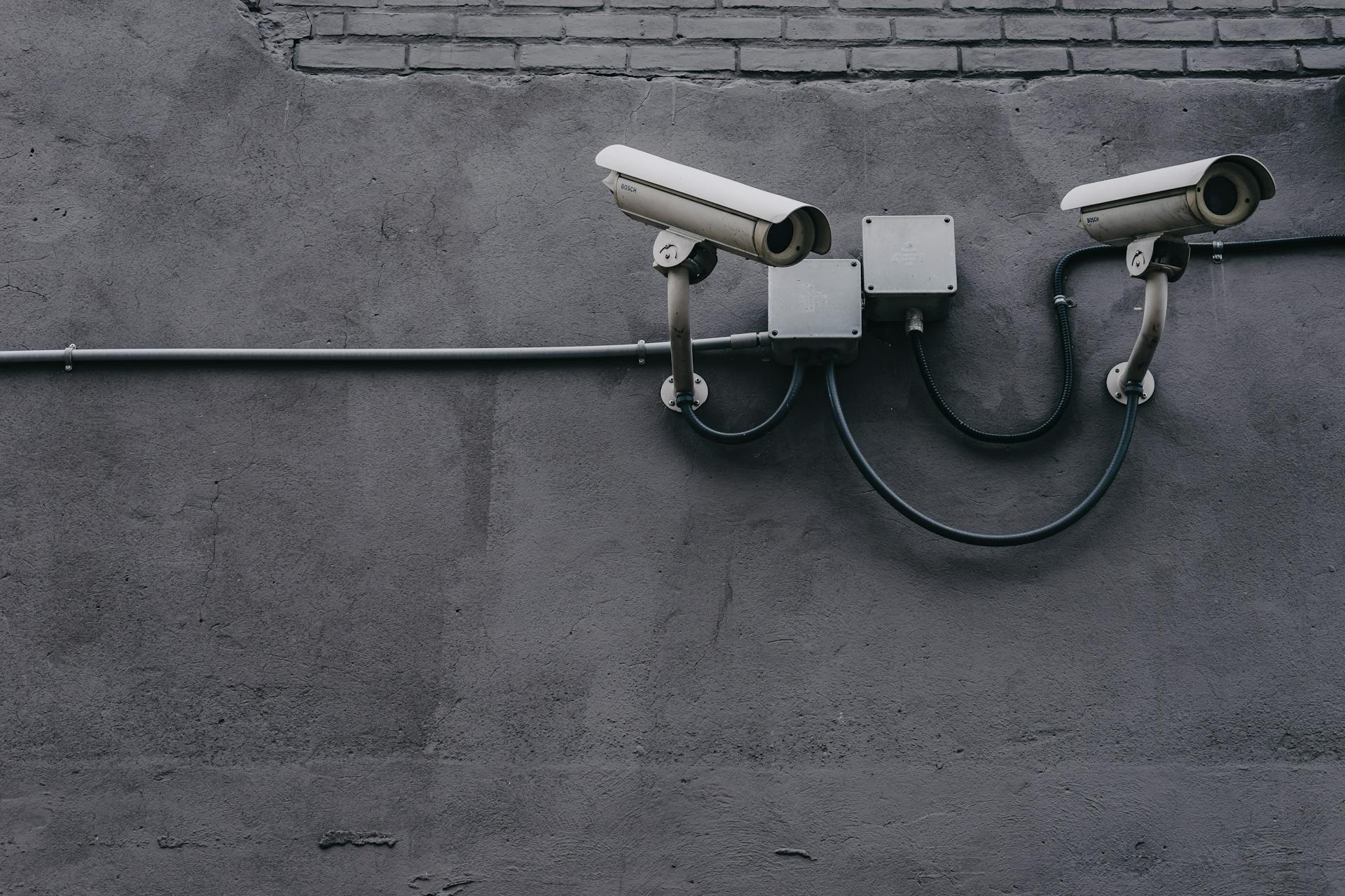 Imagen de dos cámaras de seguridad instaladas en una pared de ladrillo